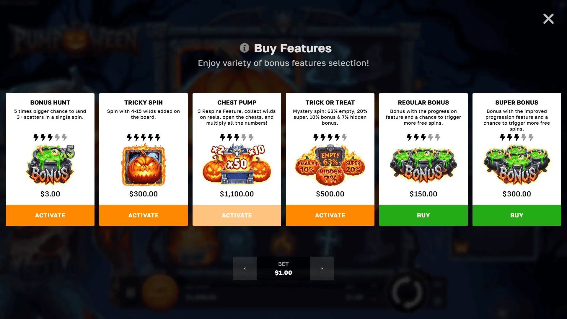 Pump'O'Ween bonus buy menu