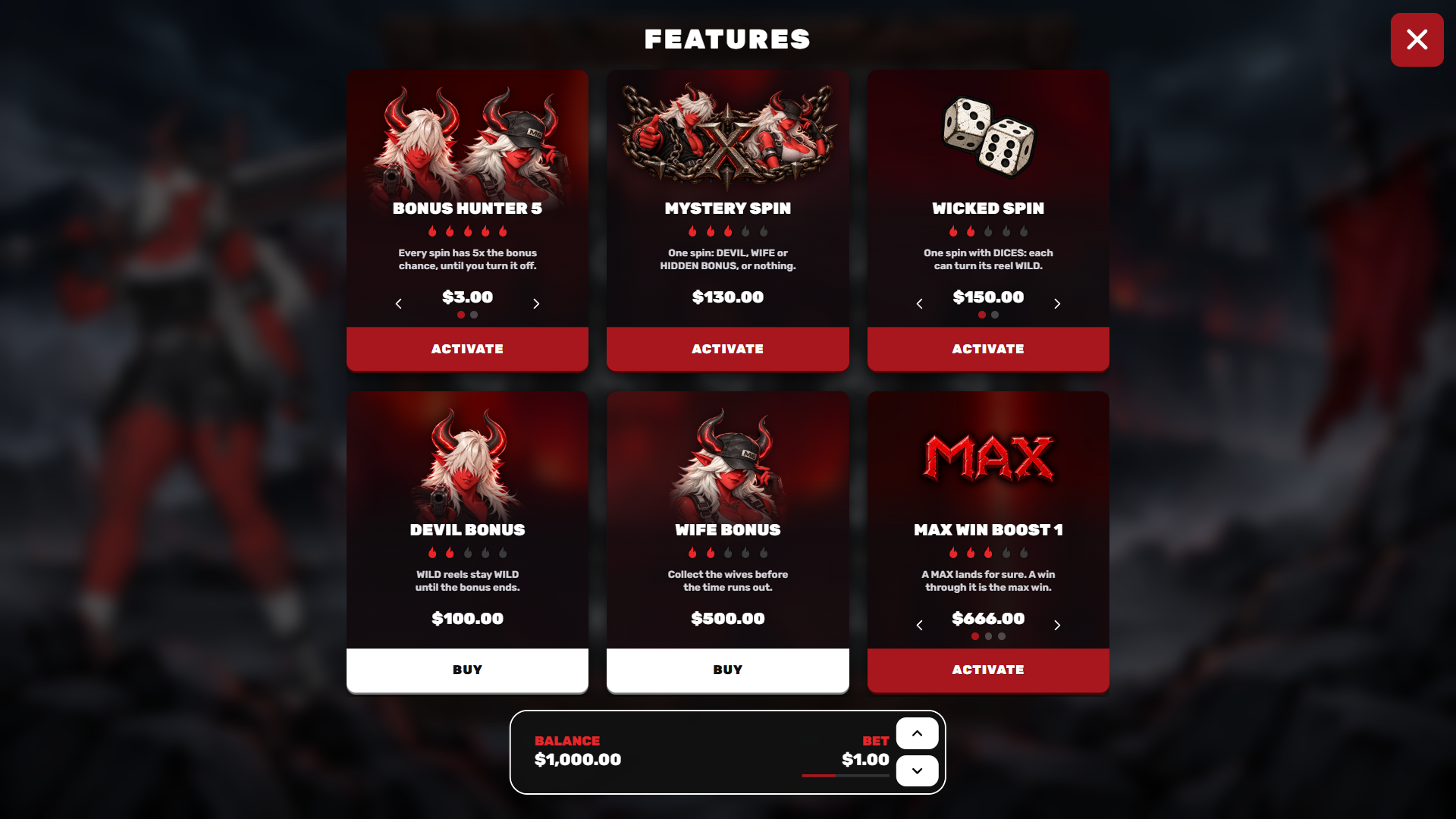Devil&rsquo;s Wife bonus buy menu