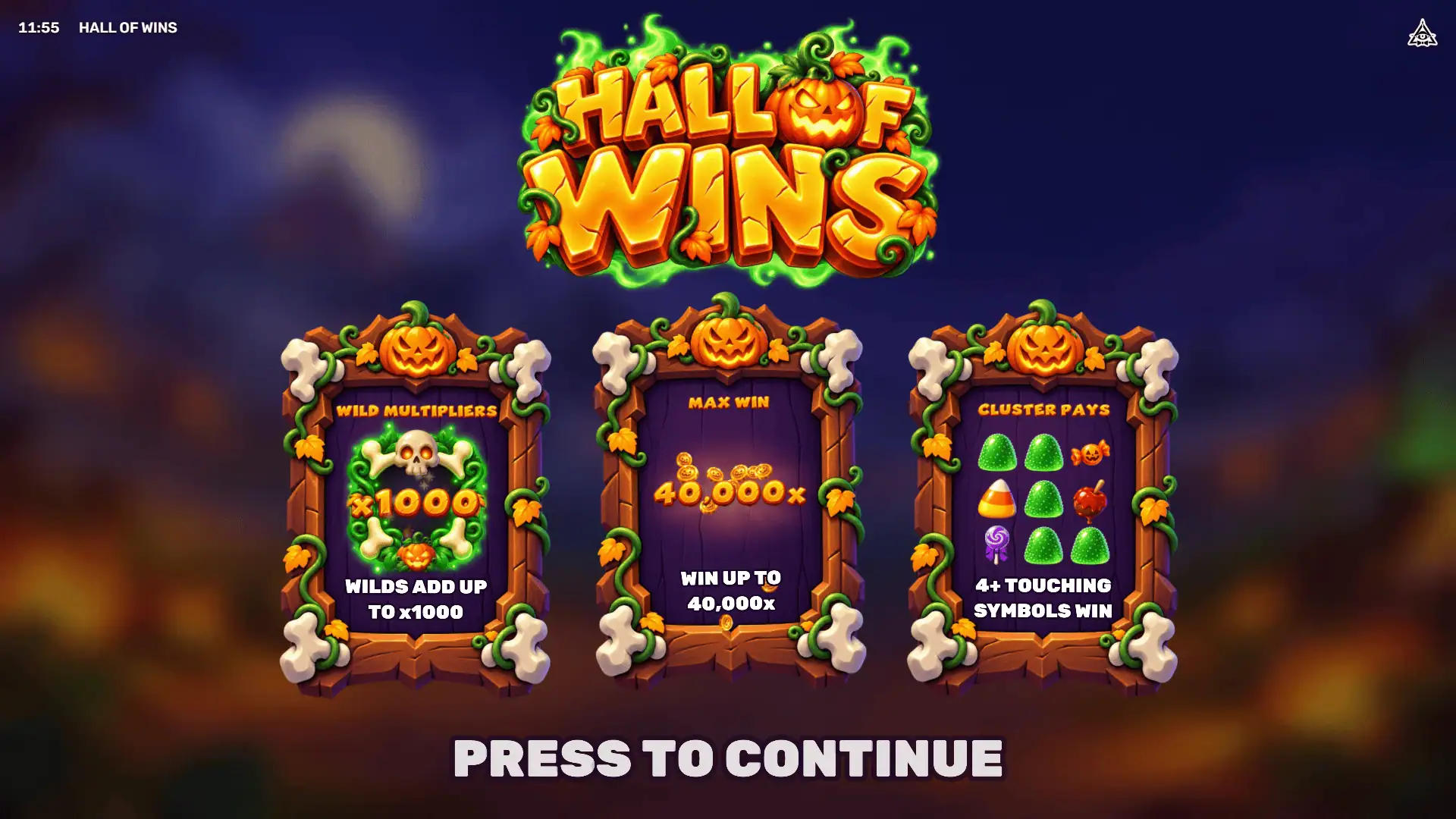 Hall of Wins slot intro screen