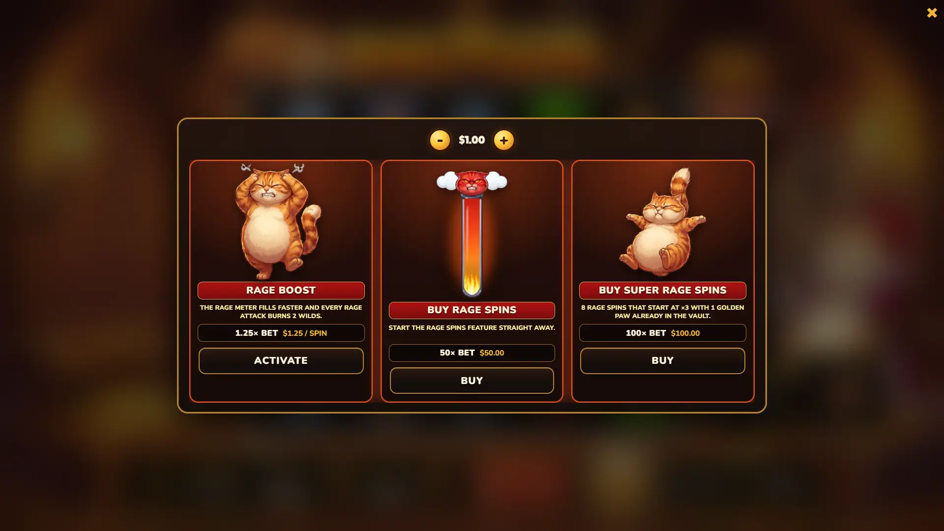 Rage Fat Cats bonus buy menu