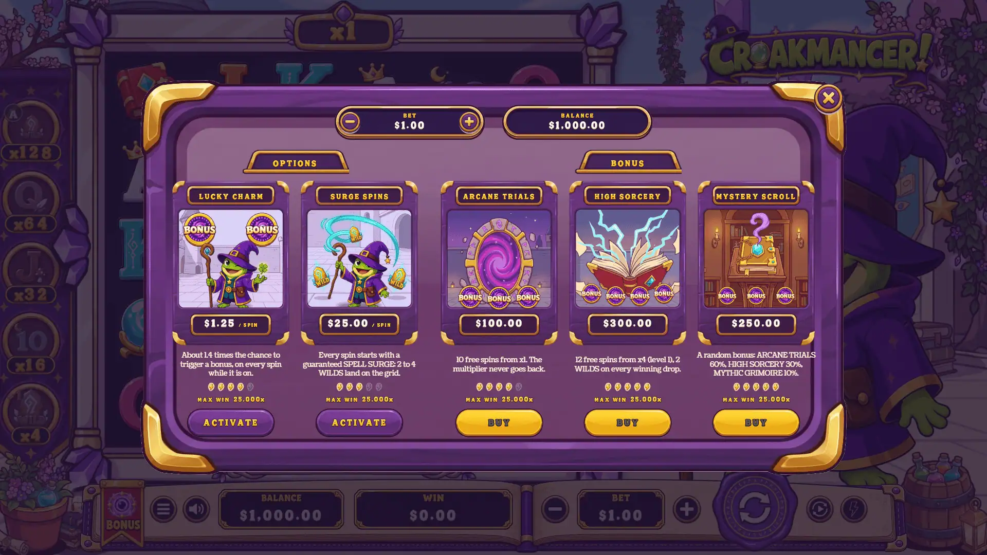 Croakmancer! bonus buy menu