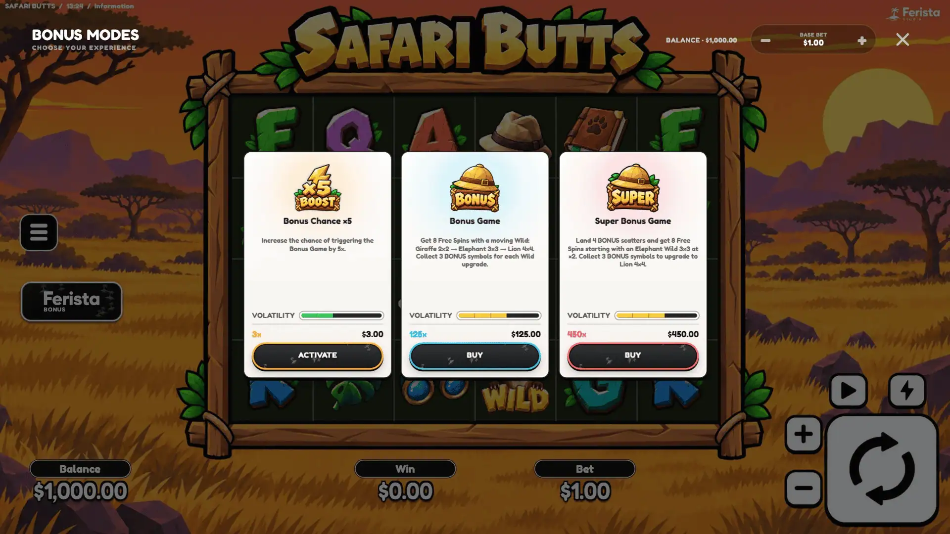 Safari Butts bonus buy menu