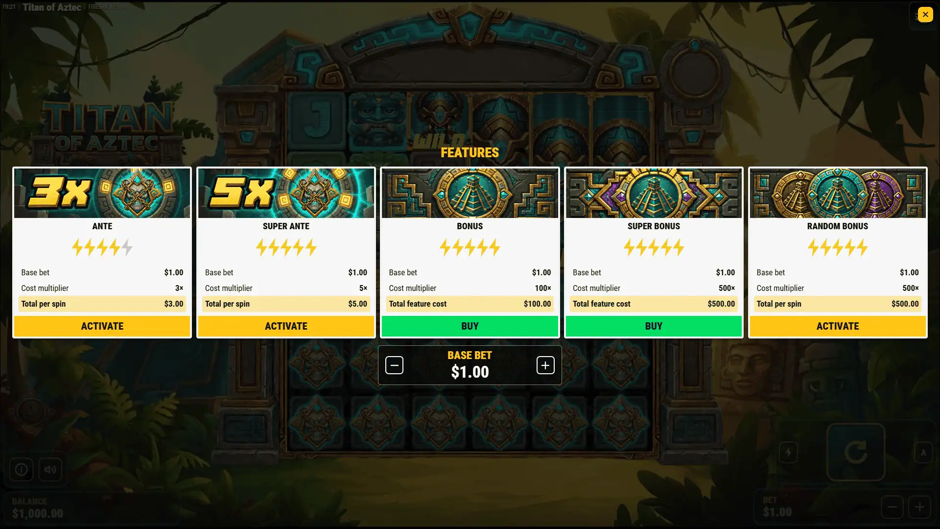 Titan of Aztec bonus buy menu