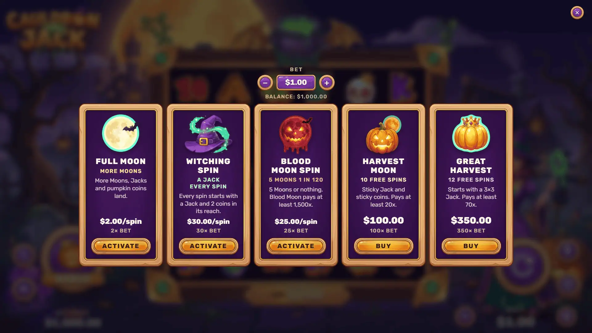 Cauldron Jack bonus buy menu