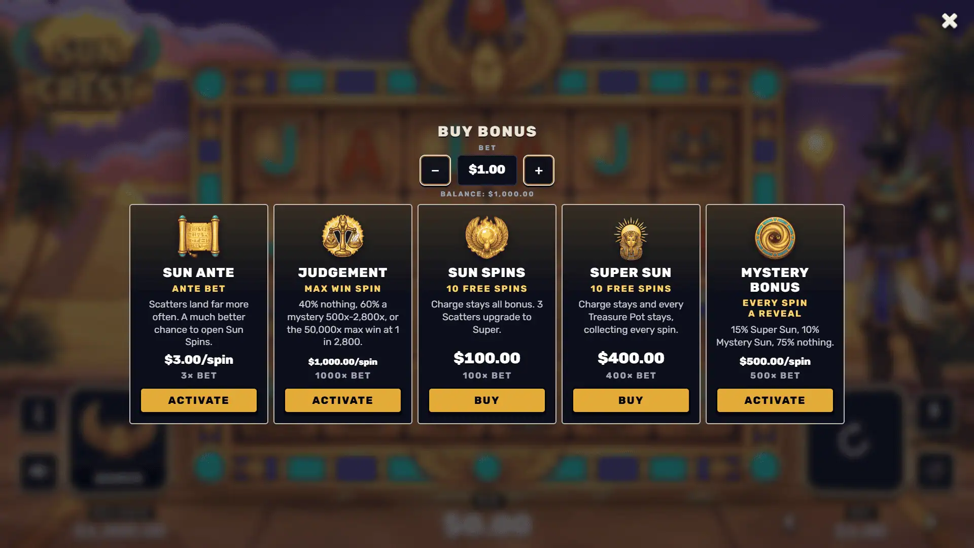 Suncrest bonus buy menu