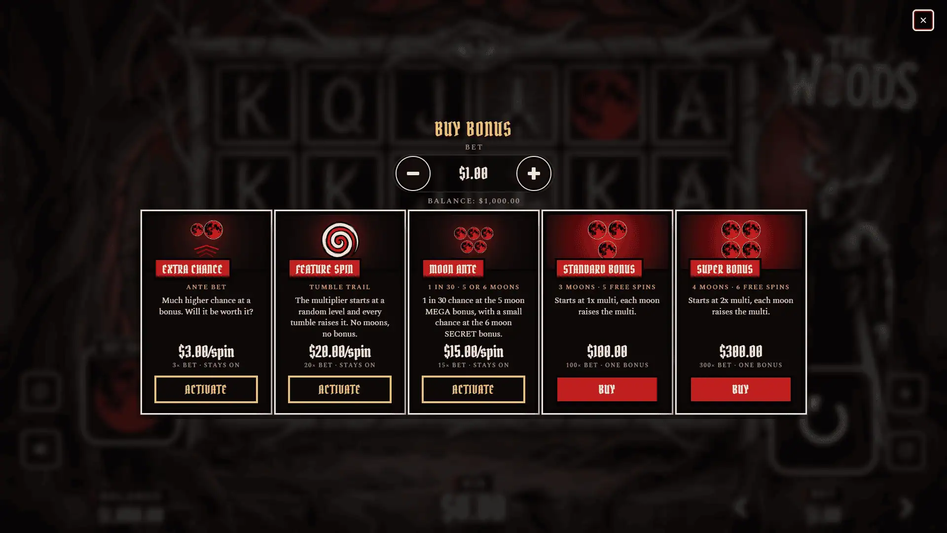 The Woods bonus buy menu