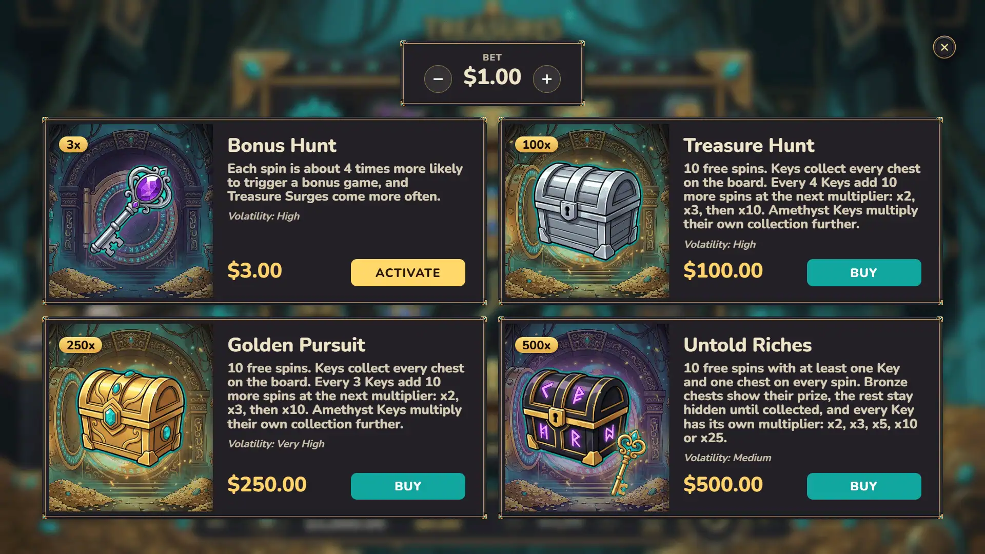 Treasures Untold bonus buy menu
