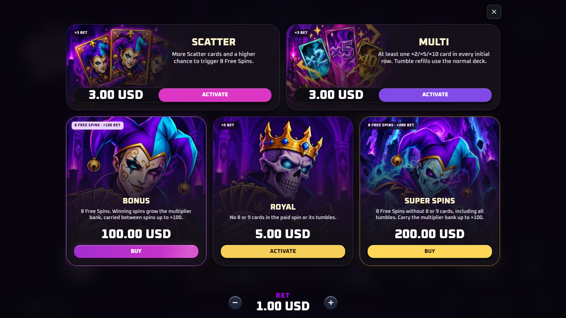 Undying Hand bonus buy menu