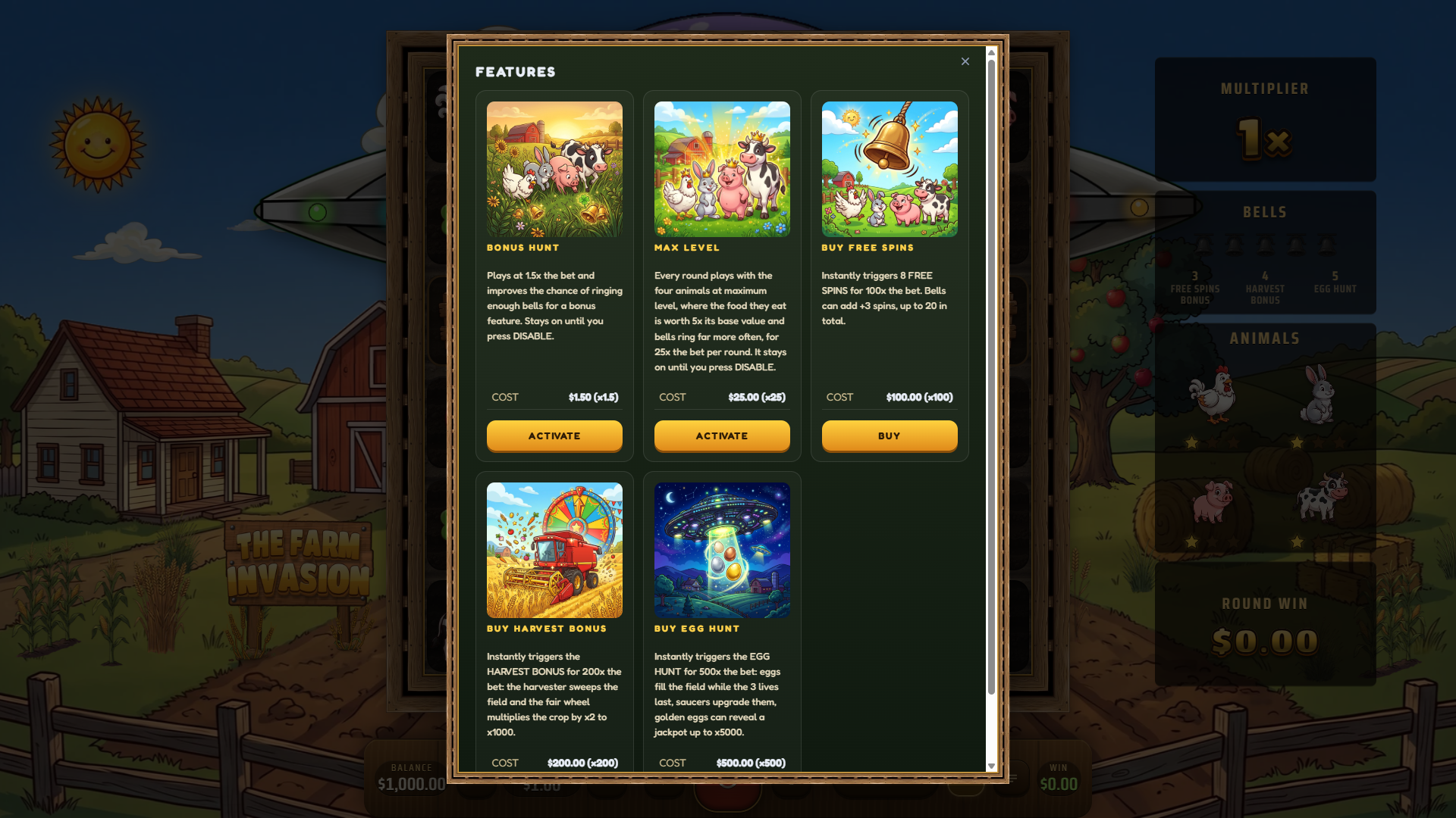 The Farm Invasion bonus buy menu