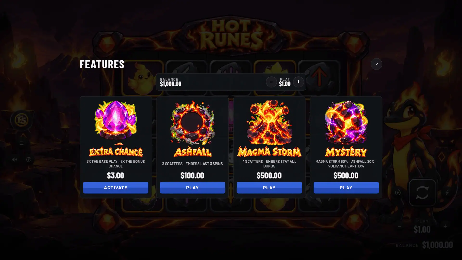 Hot Runes bonus buy menu