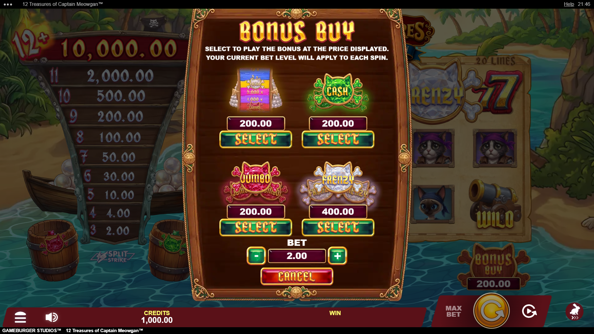 12 Treasures of Captain Meowgan bonus buy menu