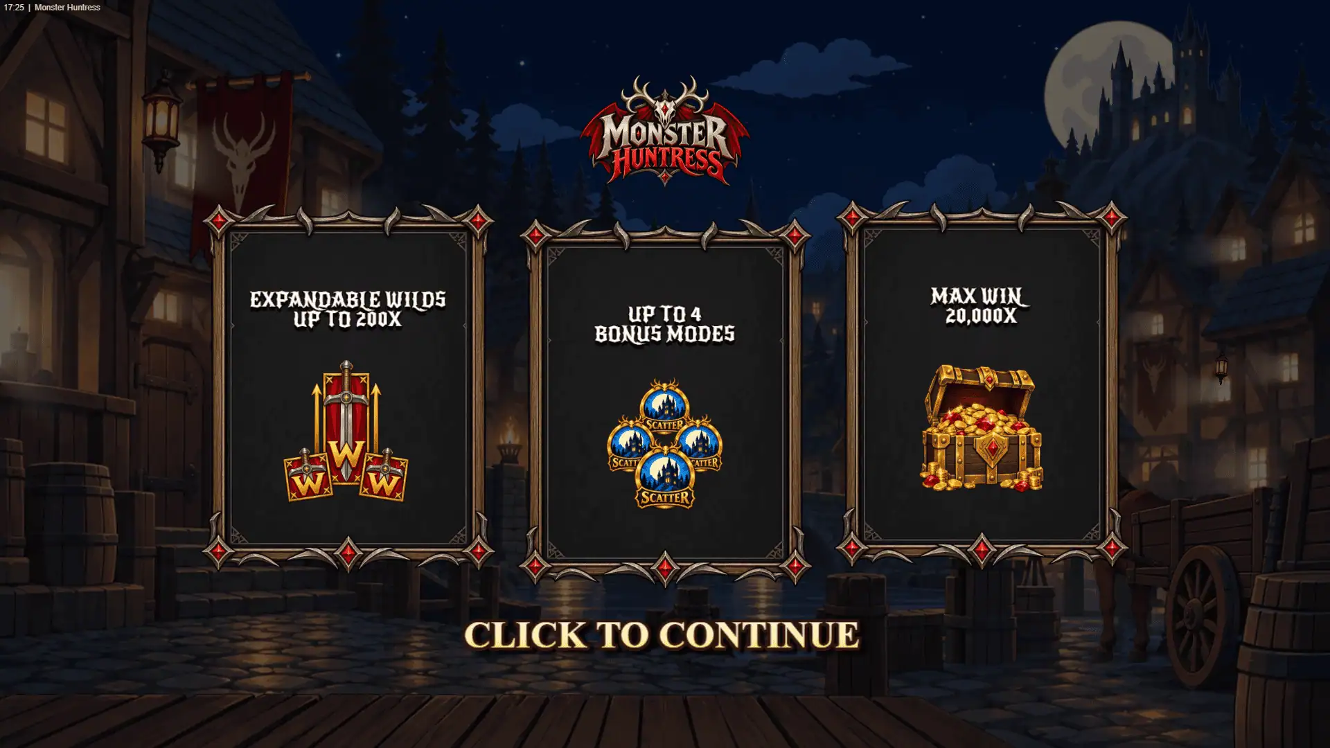 Monster Huntress slot intro screen
