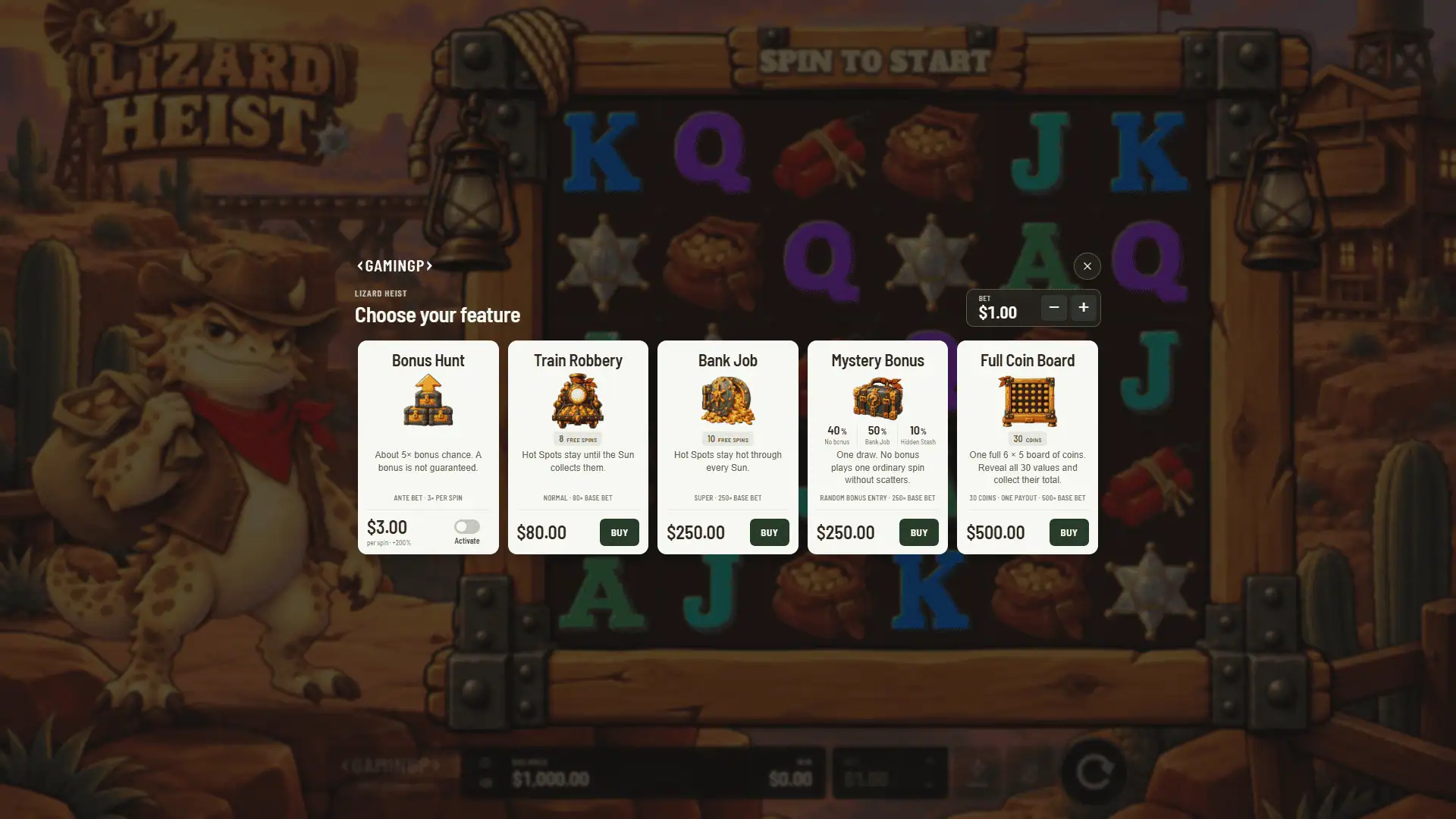 Lizard Heist bonus buy menu