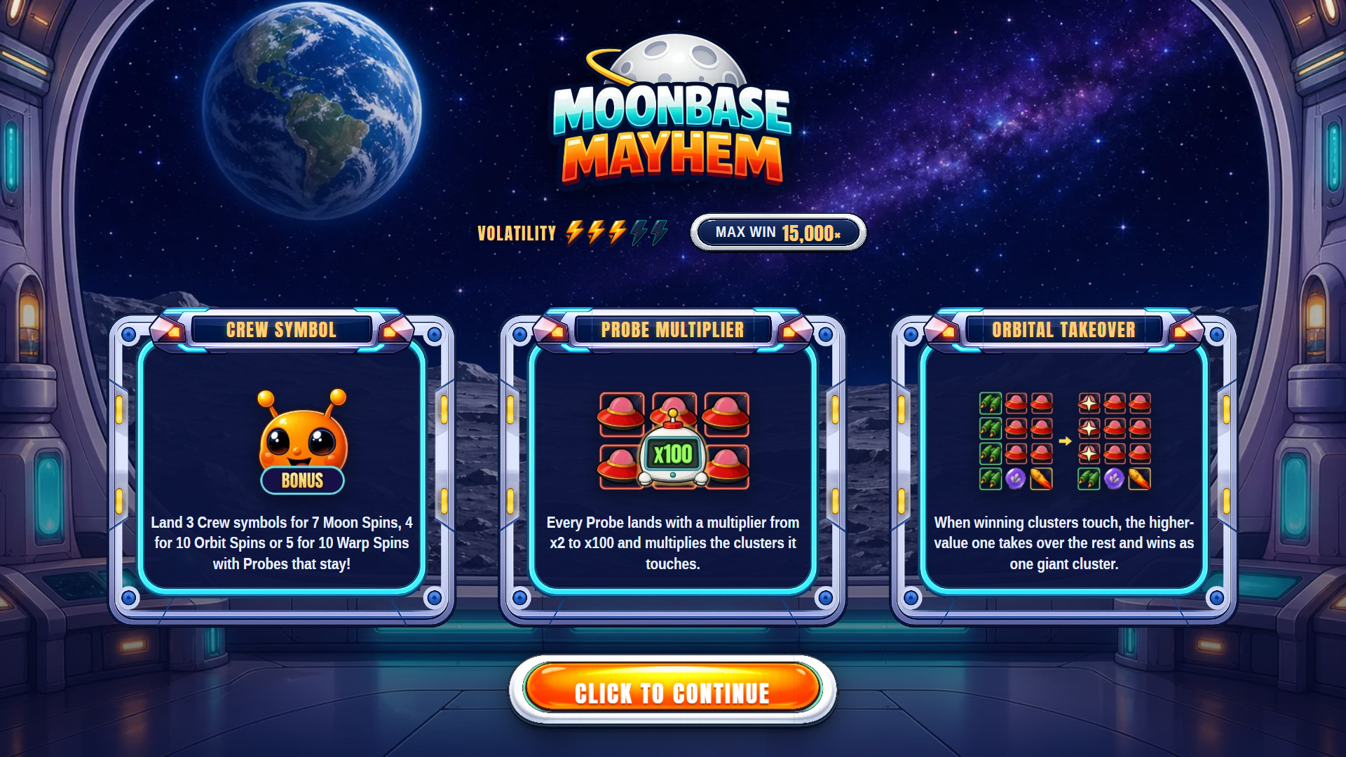 Moonbase Mayhem slot intro screen