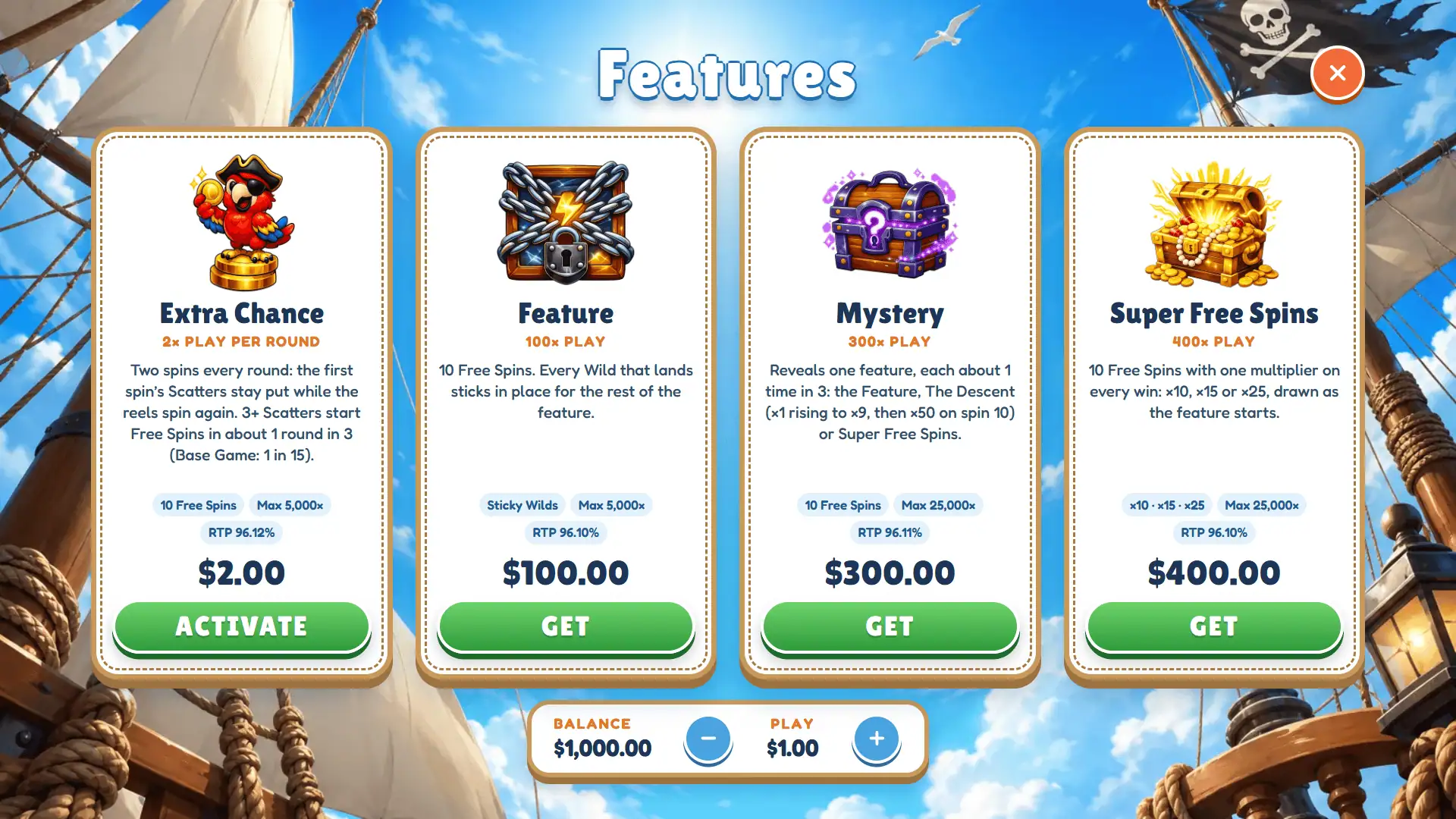 Pirate Storm bonus buy menu