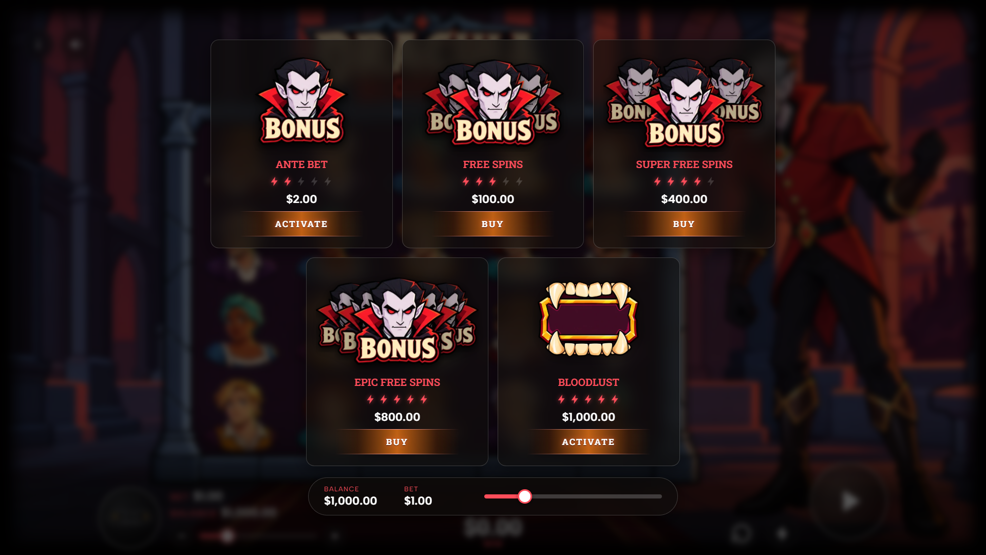 Dracula Bloodline bonus buy menu