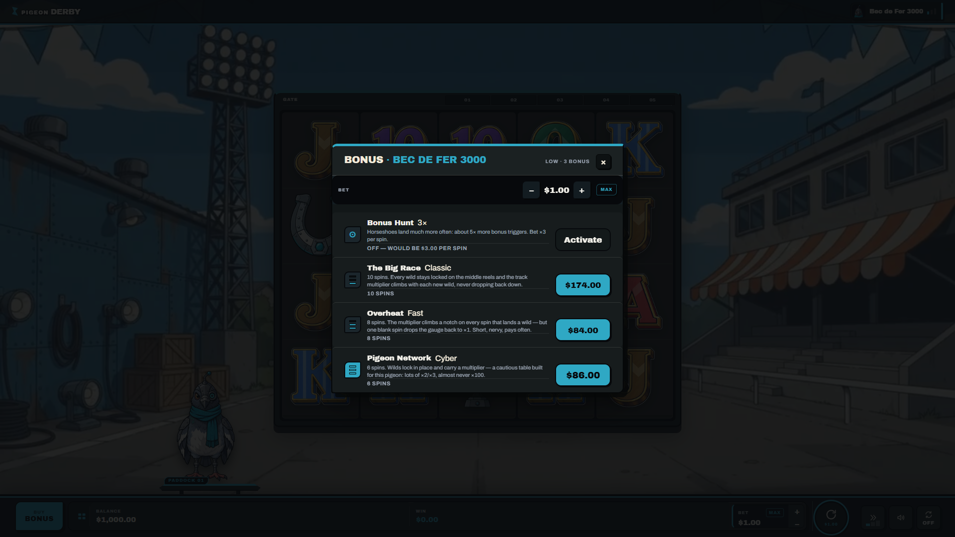 Pigeon Derby bonus buy menu