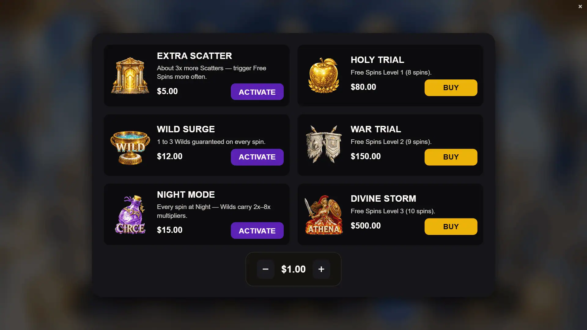 Troy Storm Plus bonus buy menu