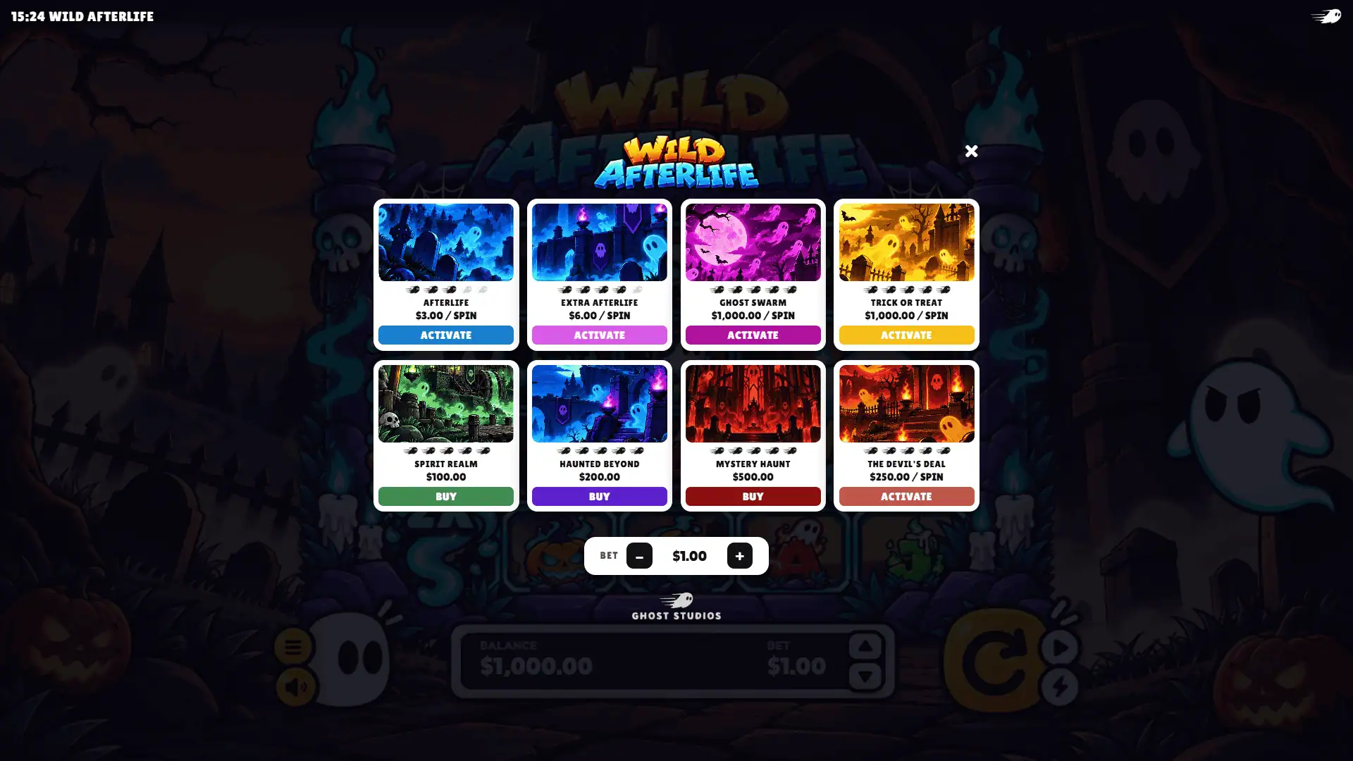 Wild Afterlife bonus buy menu