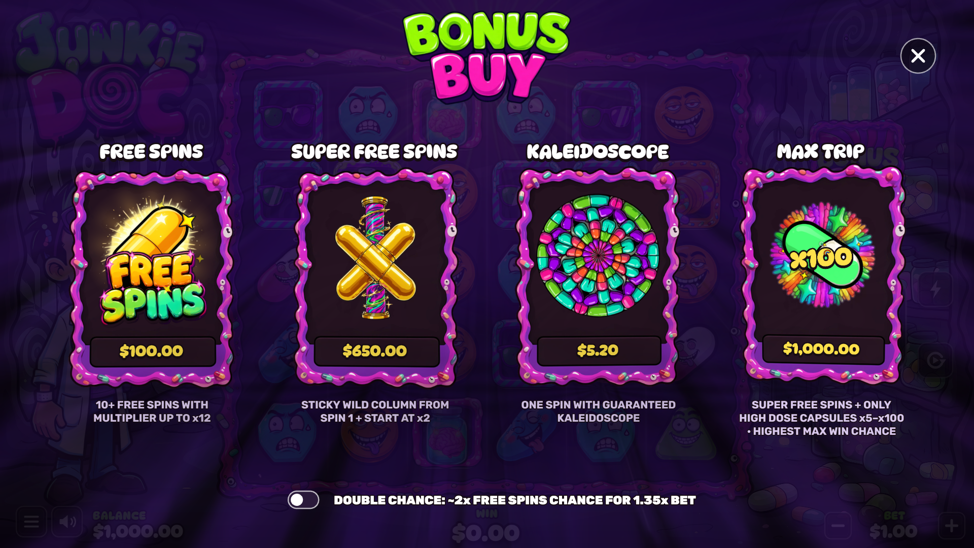 Junkie Doc bonus buy menu