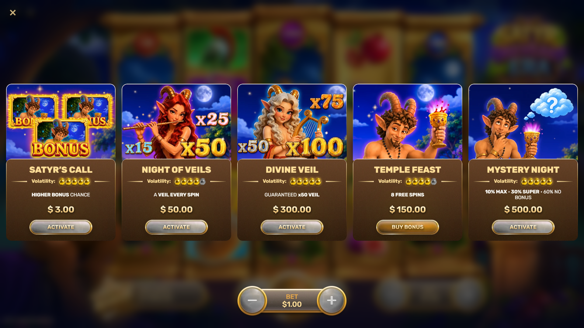 Satyr Reveal Era bonus buy menu
