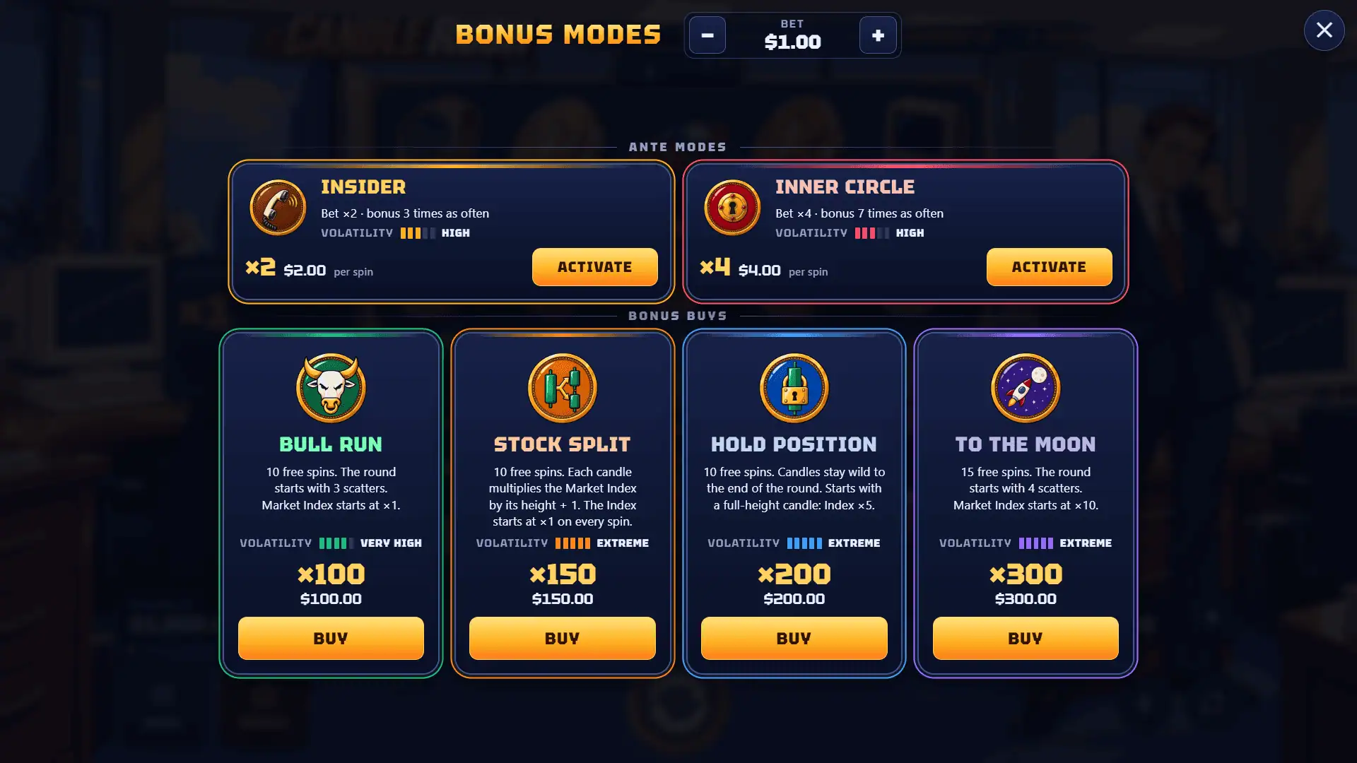 Candle Rush bonus buy menu