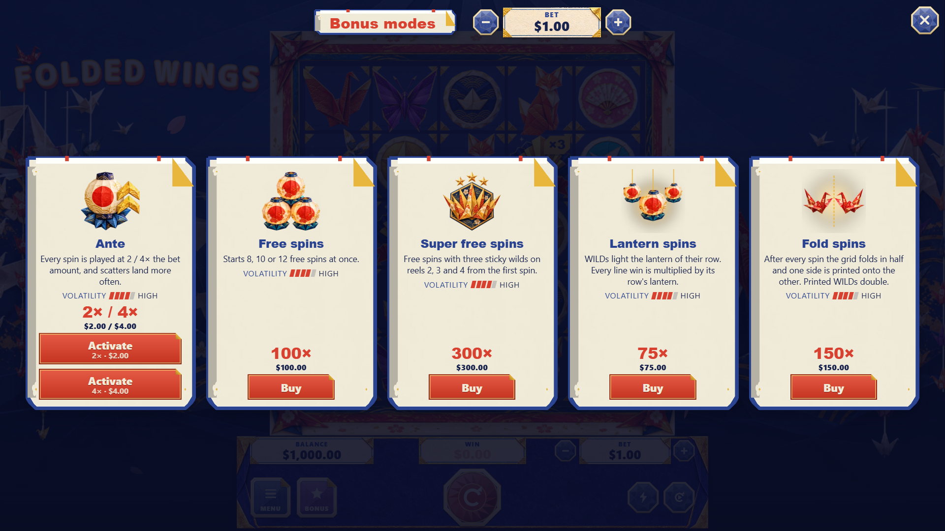 Folded Wings bonus buy menu
