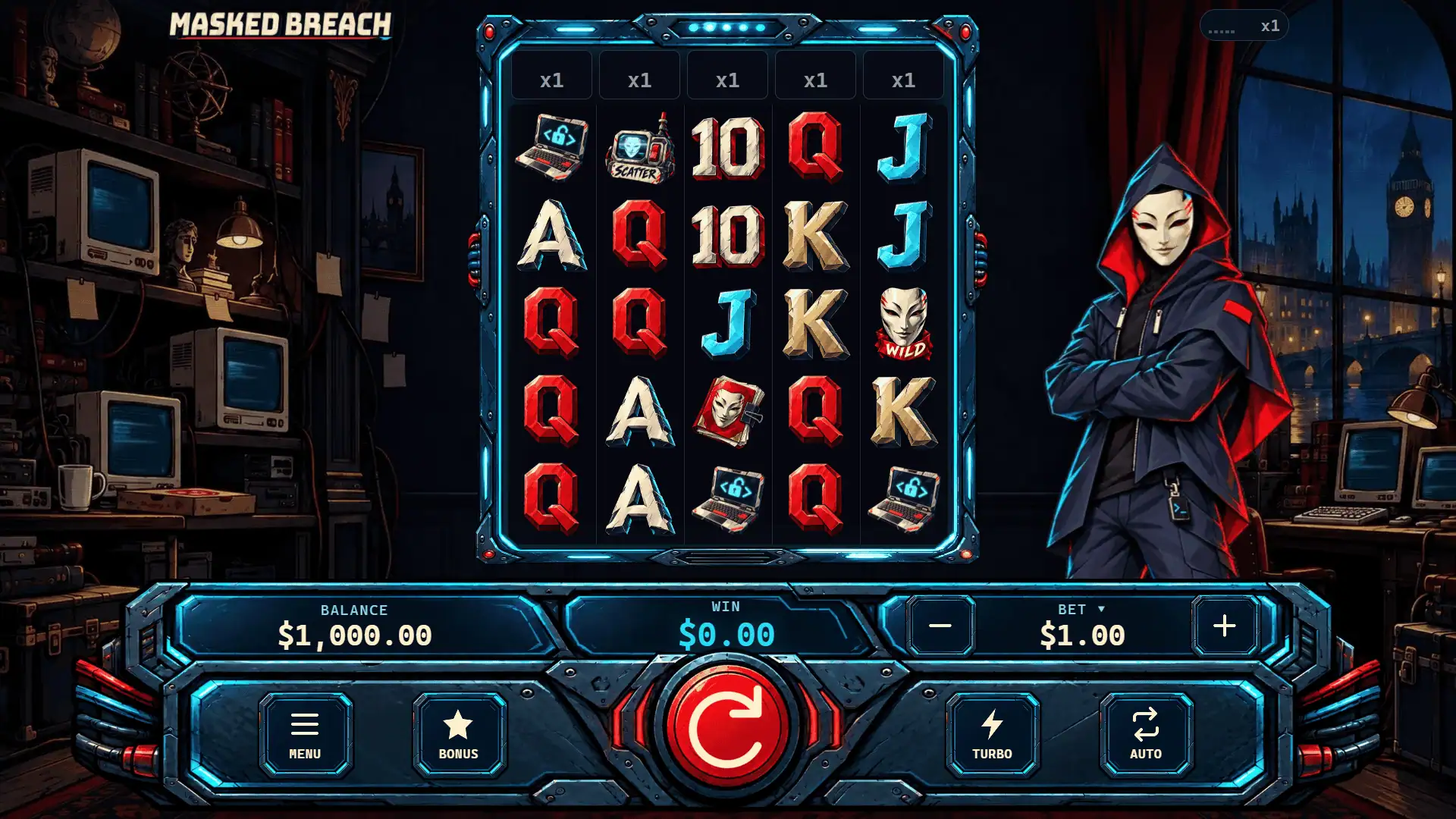 Masked Breach slot gameplay reels