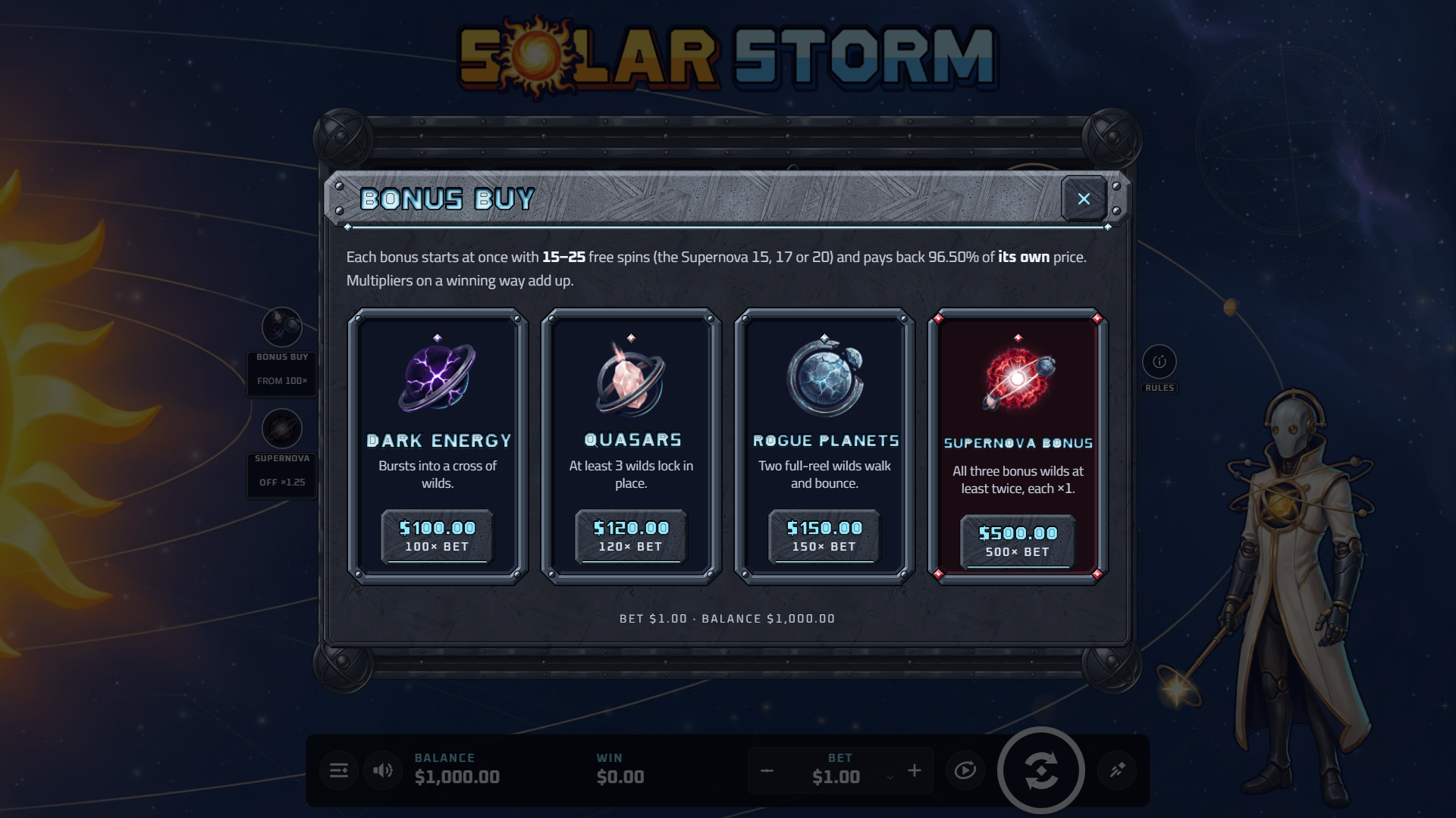 Solar Storm bonus buy menu