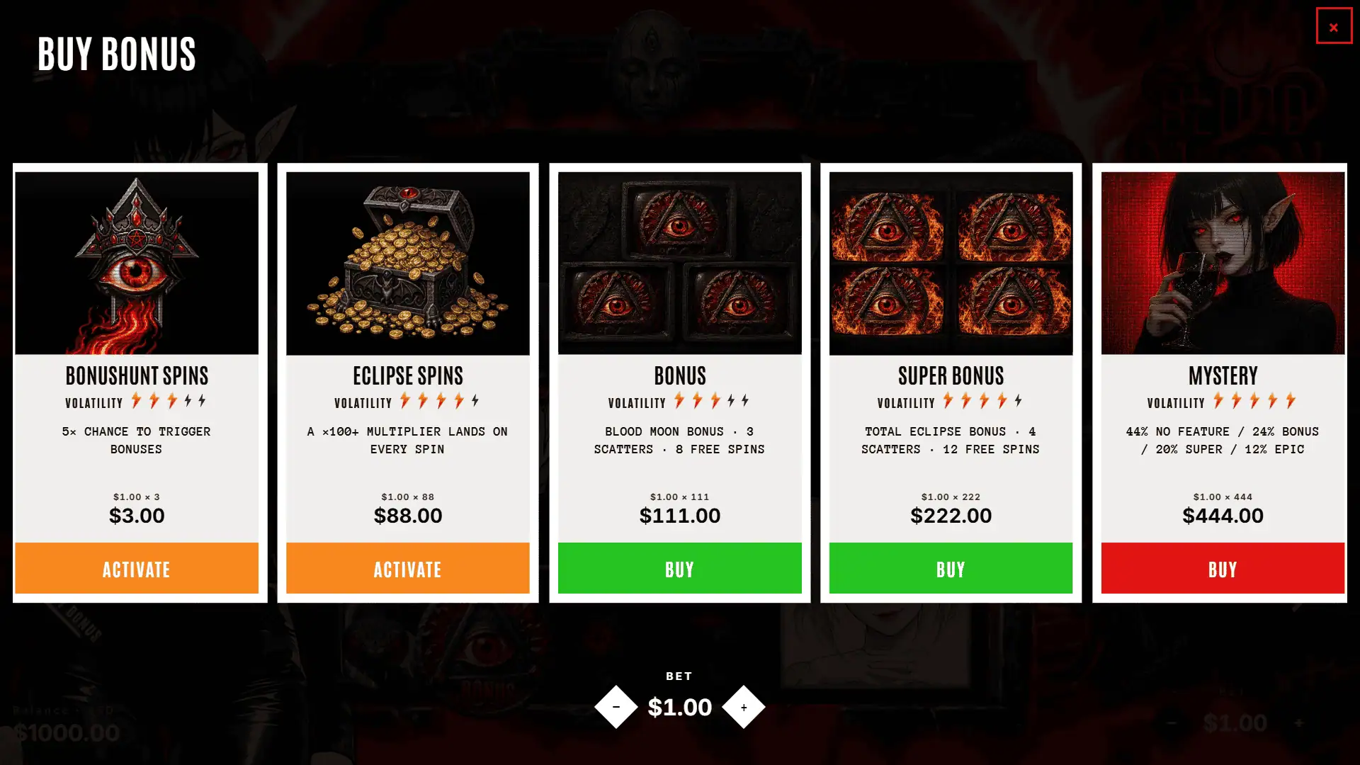 Blood Moon bonus buy menu