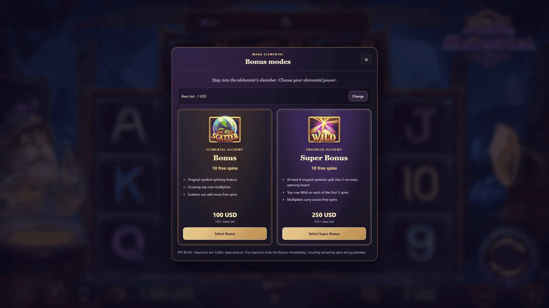 Mana Elemental bonus buy menu