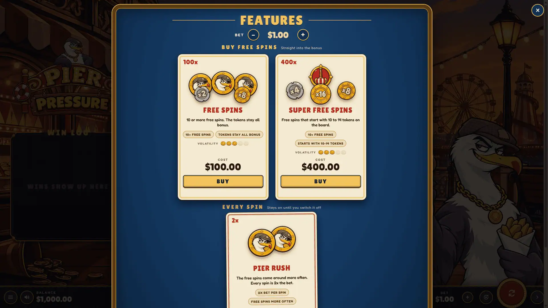 Pier Pressure bonus buy menu