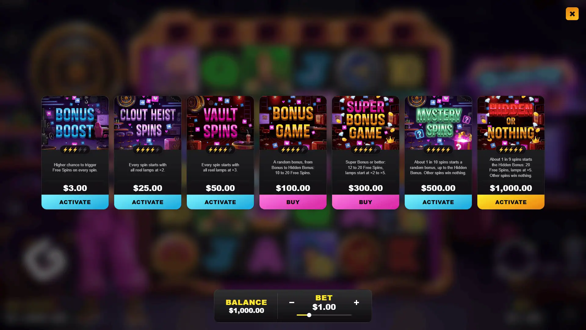 Bunker Glam bonus buy menu