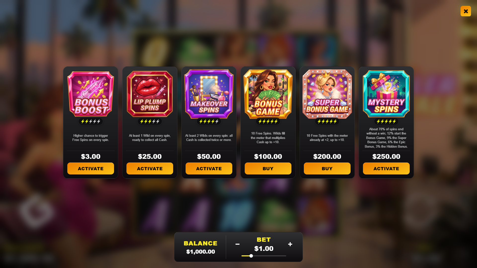 Filler Royale bonus buy menu