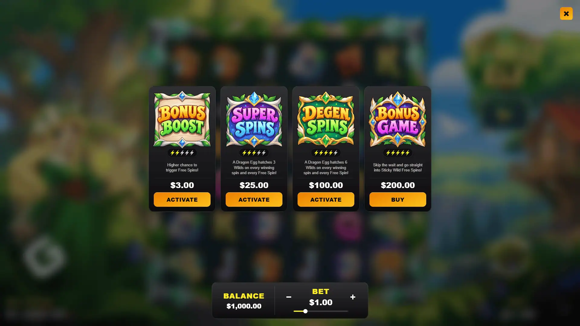 Forest Elf bonus buy menu