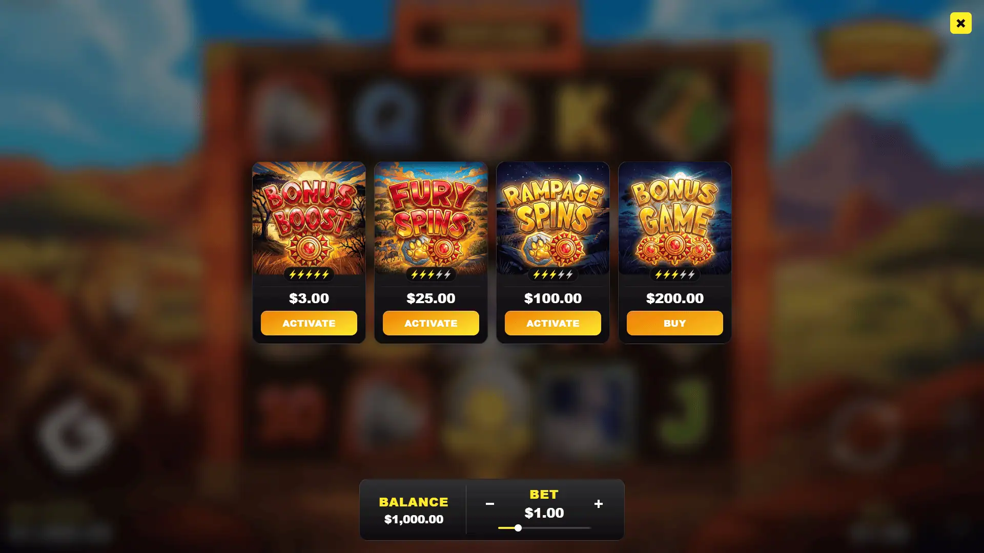 Savannah Rampage bonus buy menu