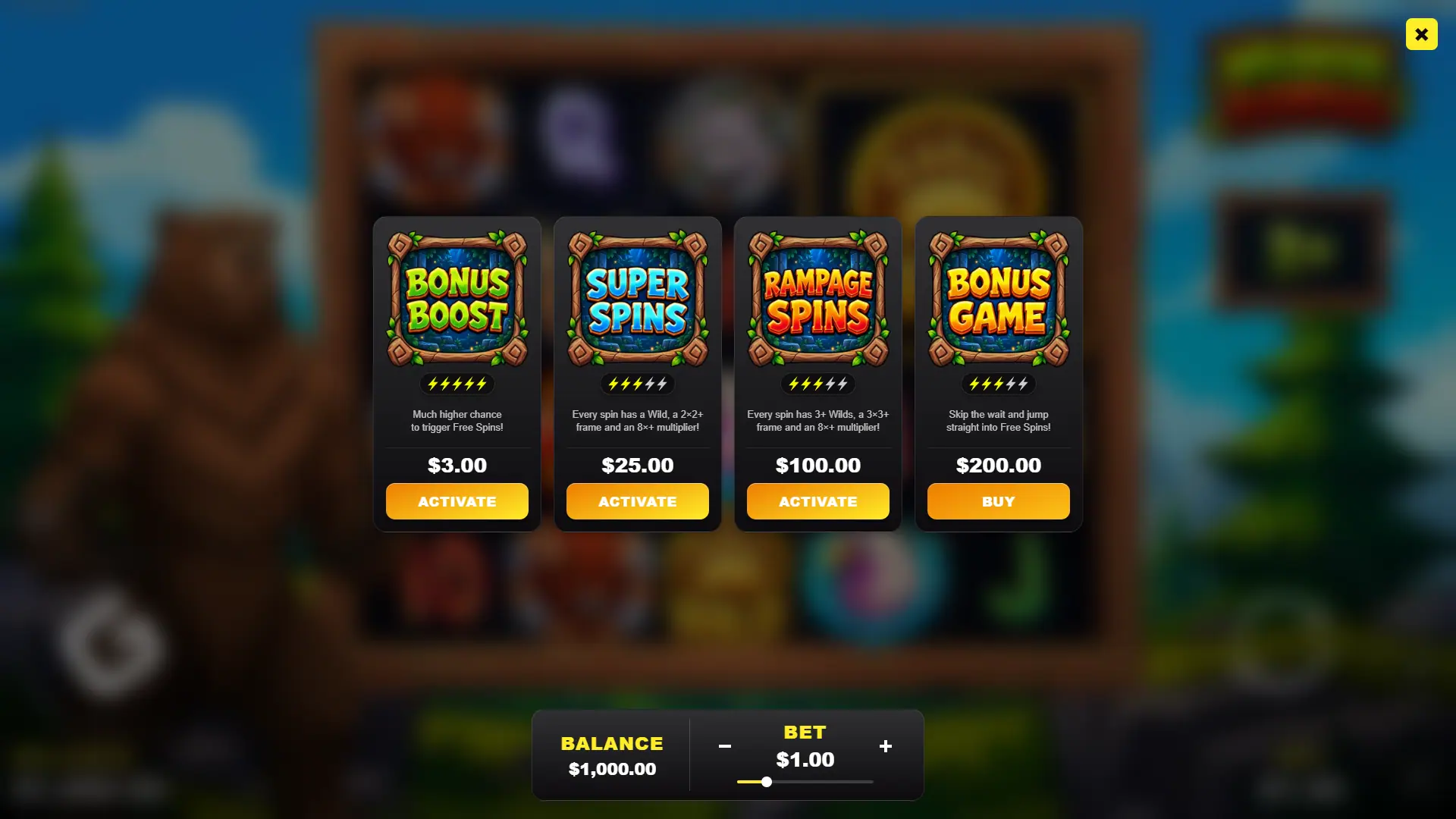 Wild Wood Rampage bonus buy menu