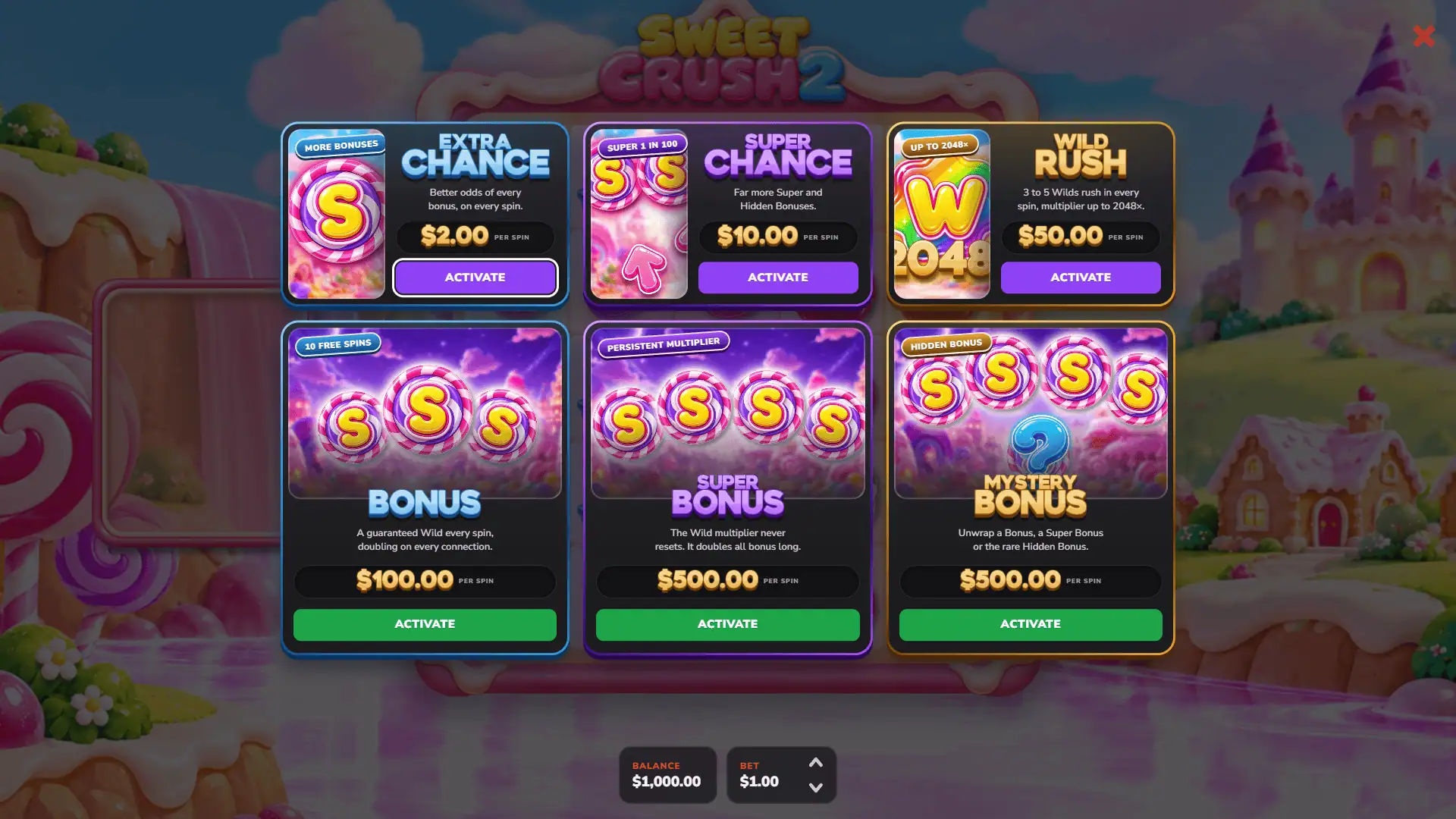 Sweet Crush 2 bonus buy menu