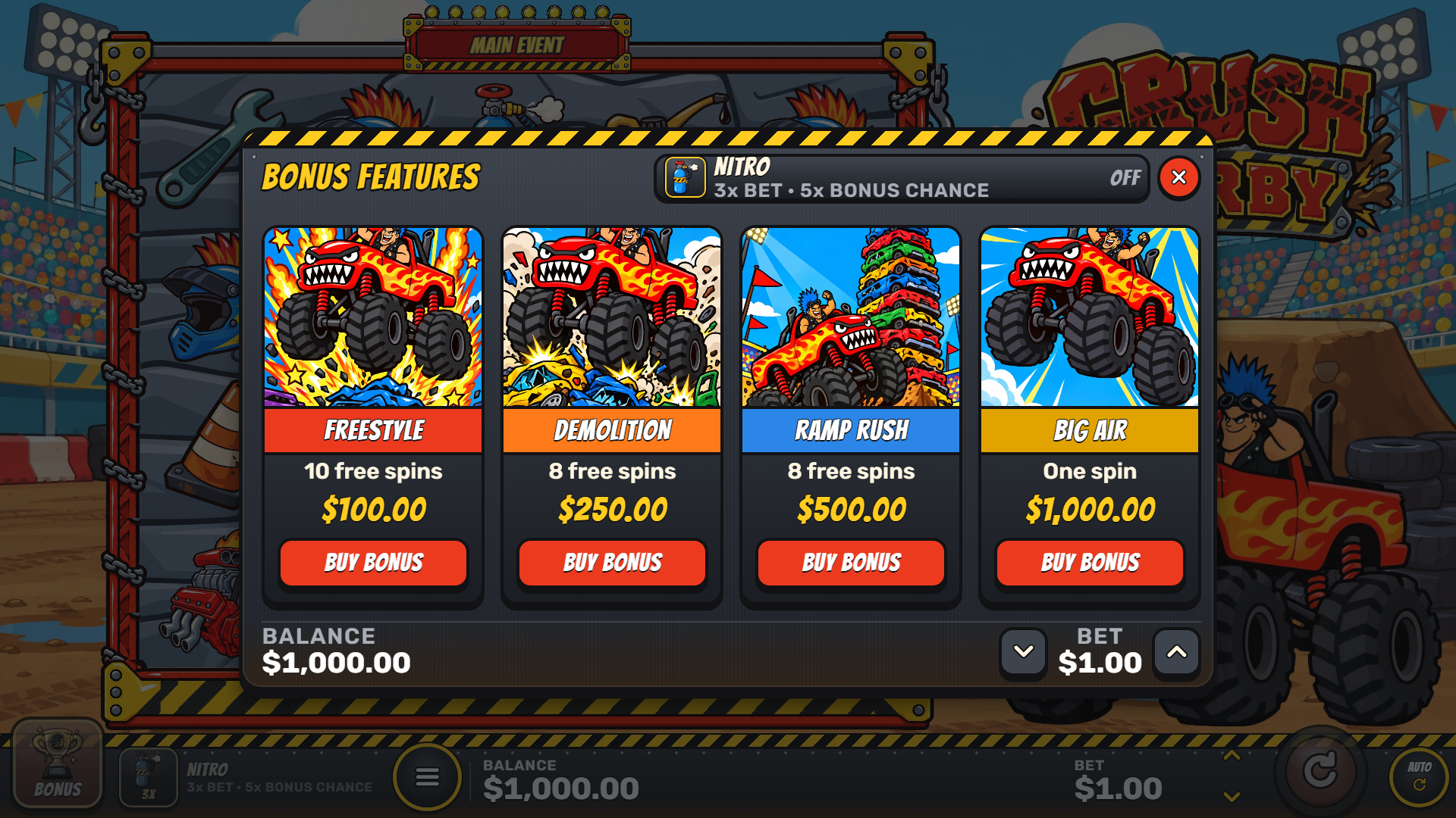 Crush Derby bonus buy menu