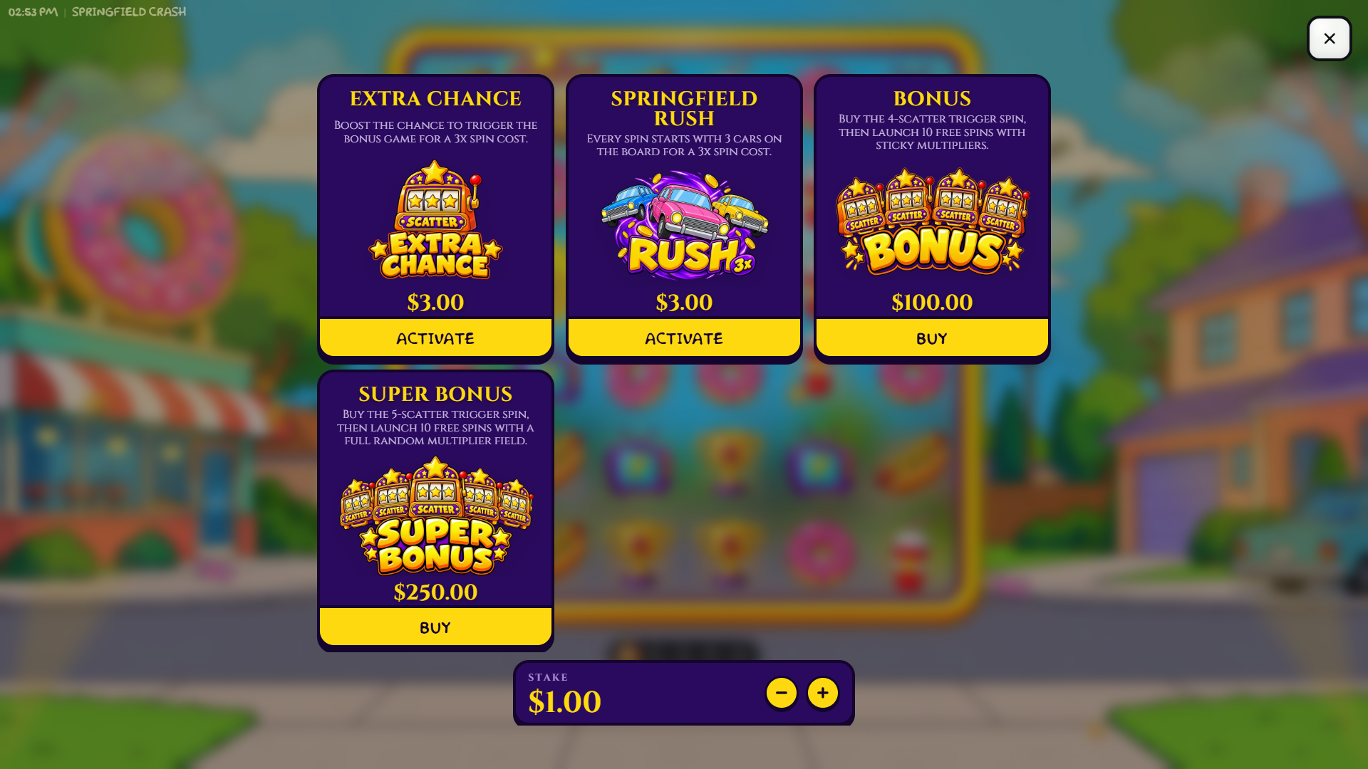 Springfield Crash bonus buy menu