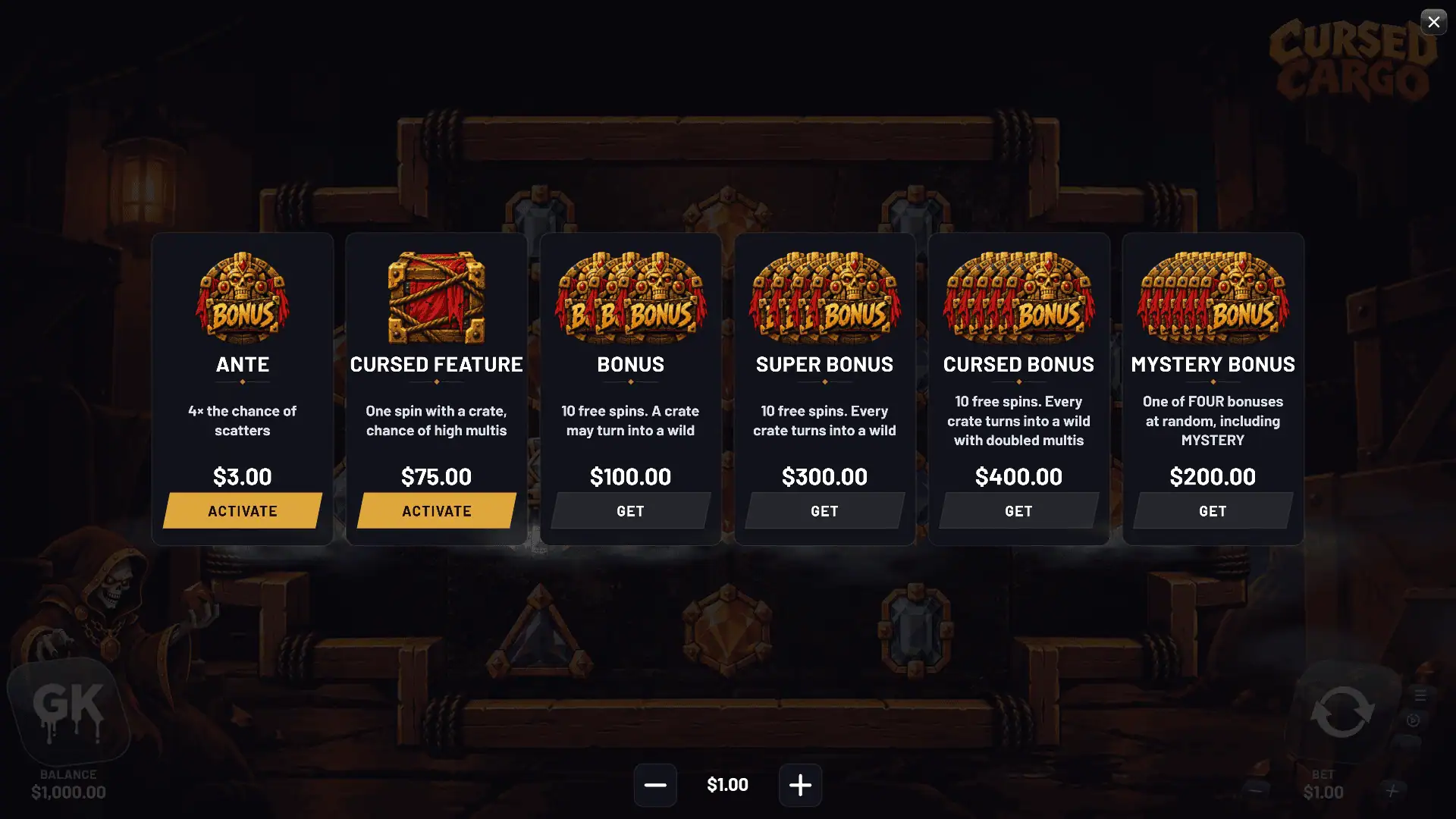 Cursed Cargo bonus buy menu