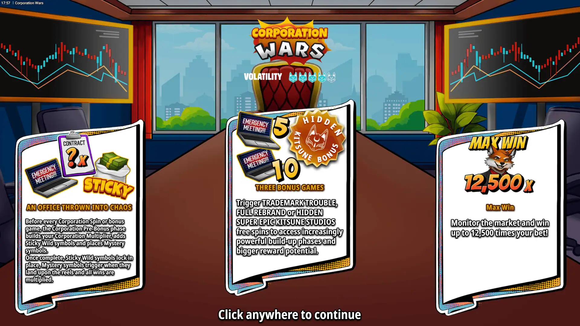 Corporation Wars slot intro screen