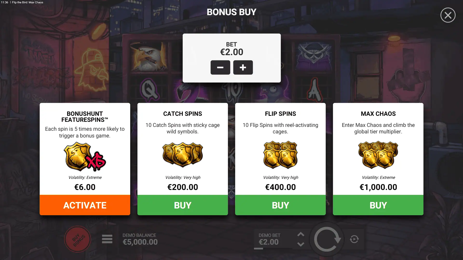 Flip the Bird: Max Chaos bonus buy menu