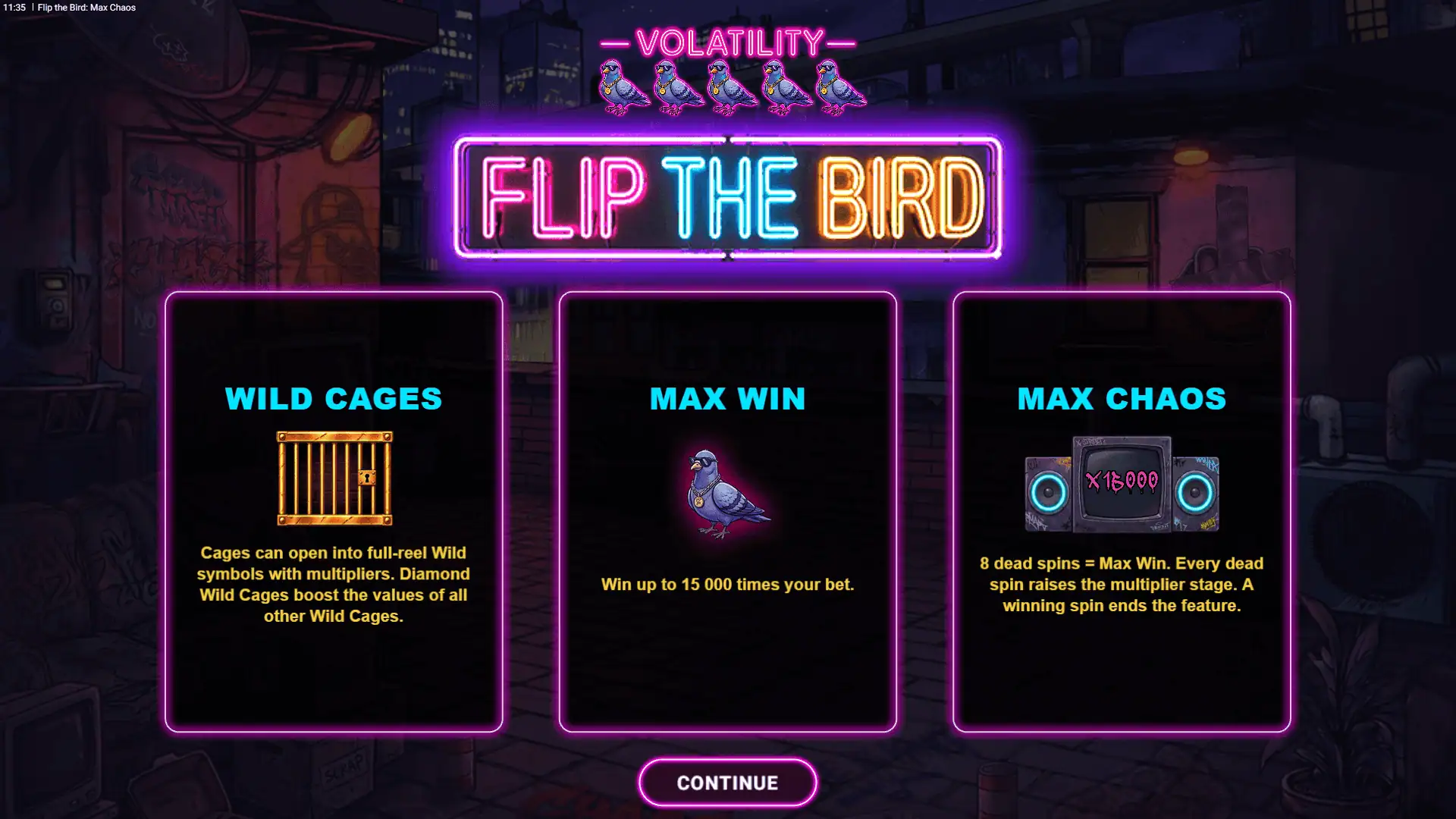 Flip the Bird: Max Chaos slot intro screen
