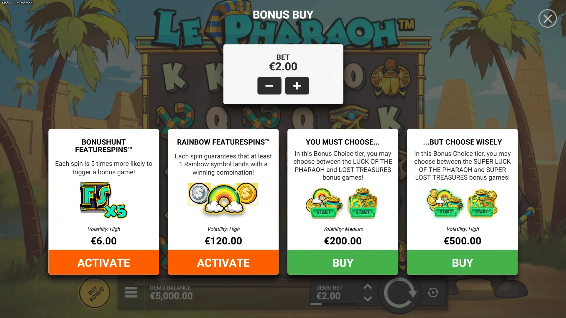 Le Pharaoh bonus buy menu
