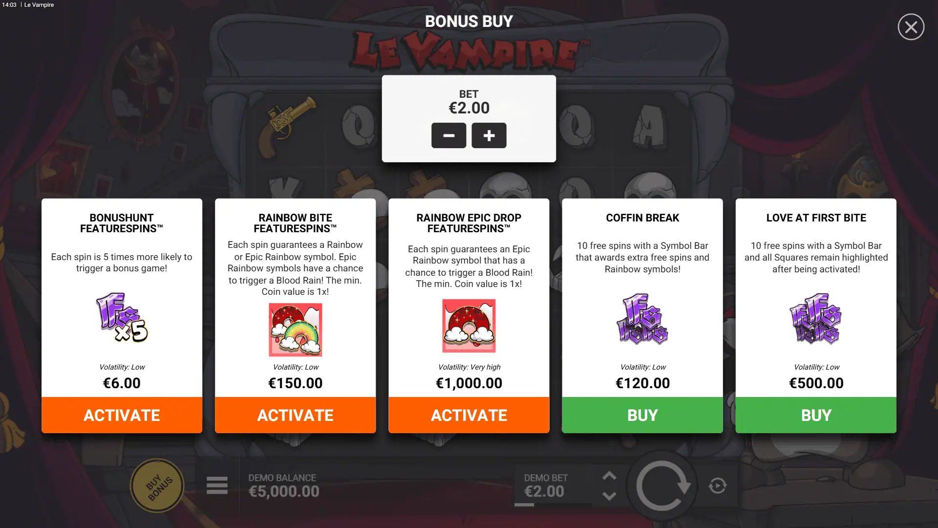 Le Vampire bonus buy menu