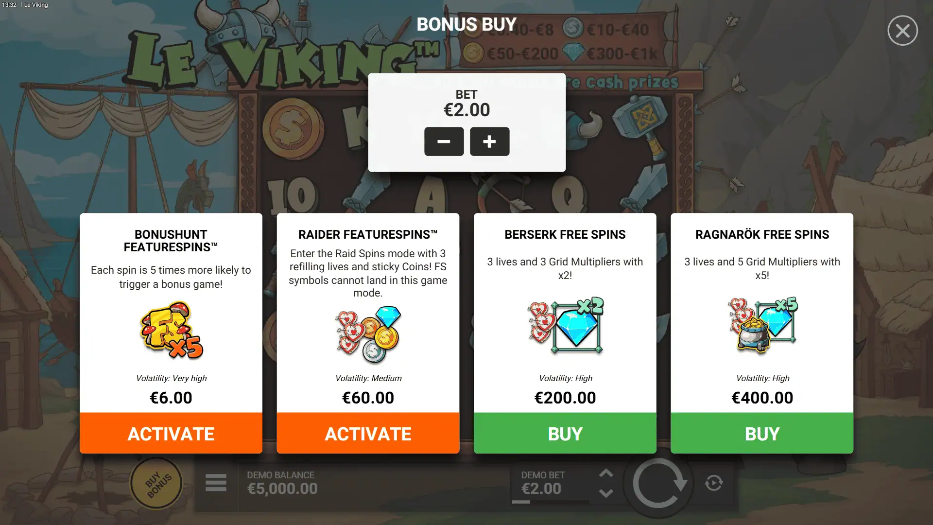 Le Viking bonus buy menu