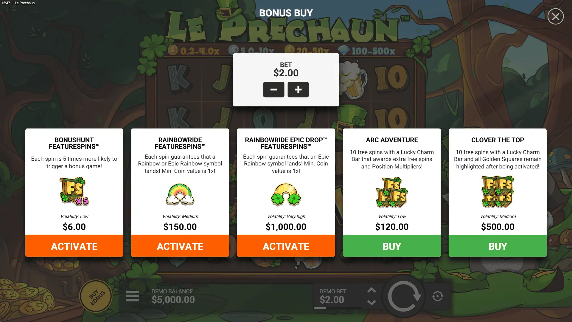 Le Prechaun bonus buy menu
