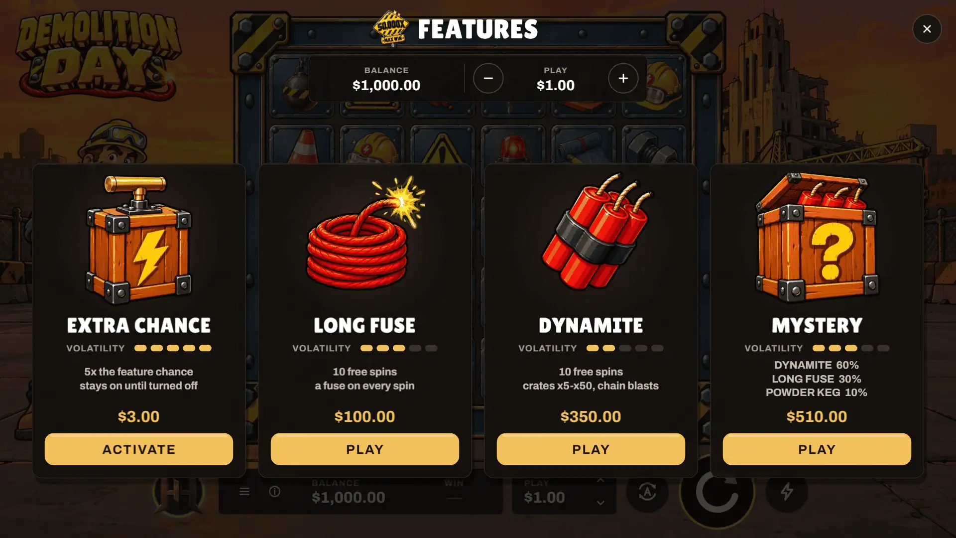 Demolition Day bonus buy menu