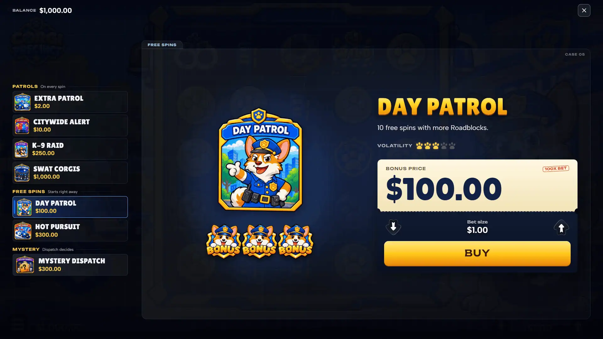 Corgi Precinct bonus buy menu